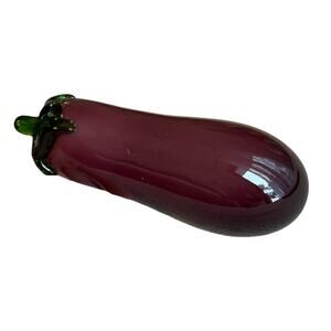 Purple Amethyst Art Glass Eggplant Figurine Green Leaves